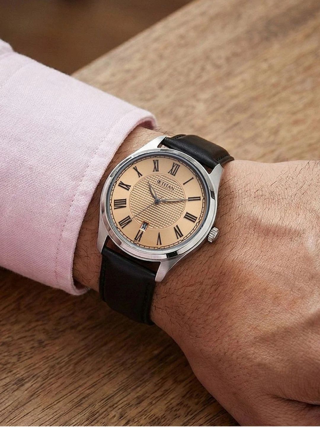 Titan Dial & Leather Strap Analogue Date Aperture Watch - 10063SL01