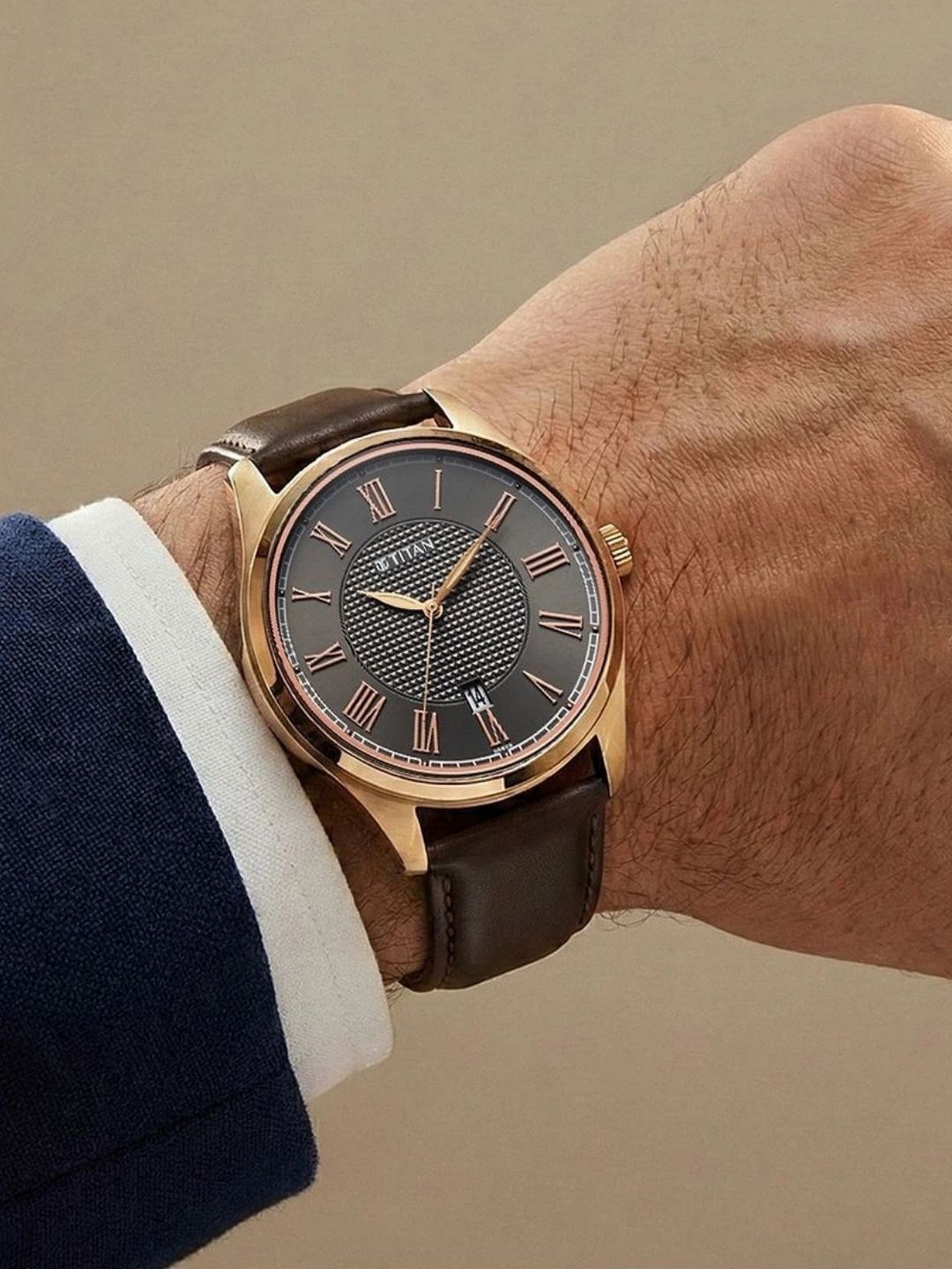 Titan Dial & Leather Strap Analogue Date Aperture Watch - 10063WL01