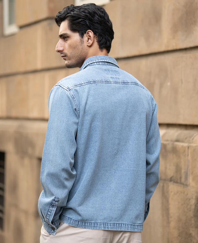 Powerlook Blue Double Pocket Denim Shirt Cotton