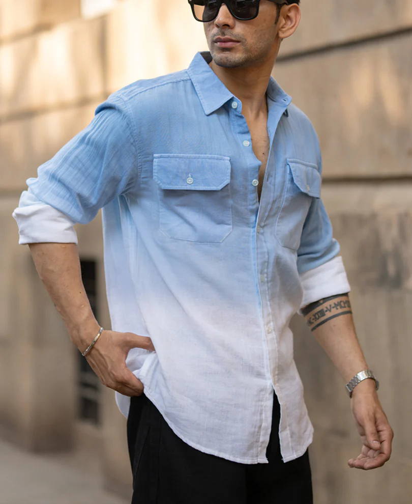 Powerlook Blue Double Pocket Ombre Shirt Cotton