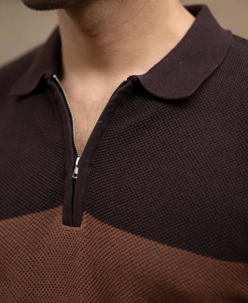 Powerlook Brown & Beige Stripe Knit T-Shirt Cotton