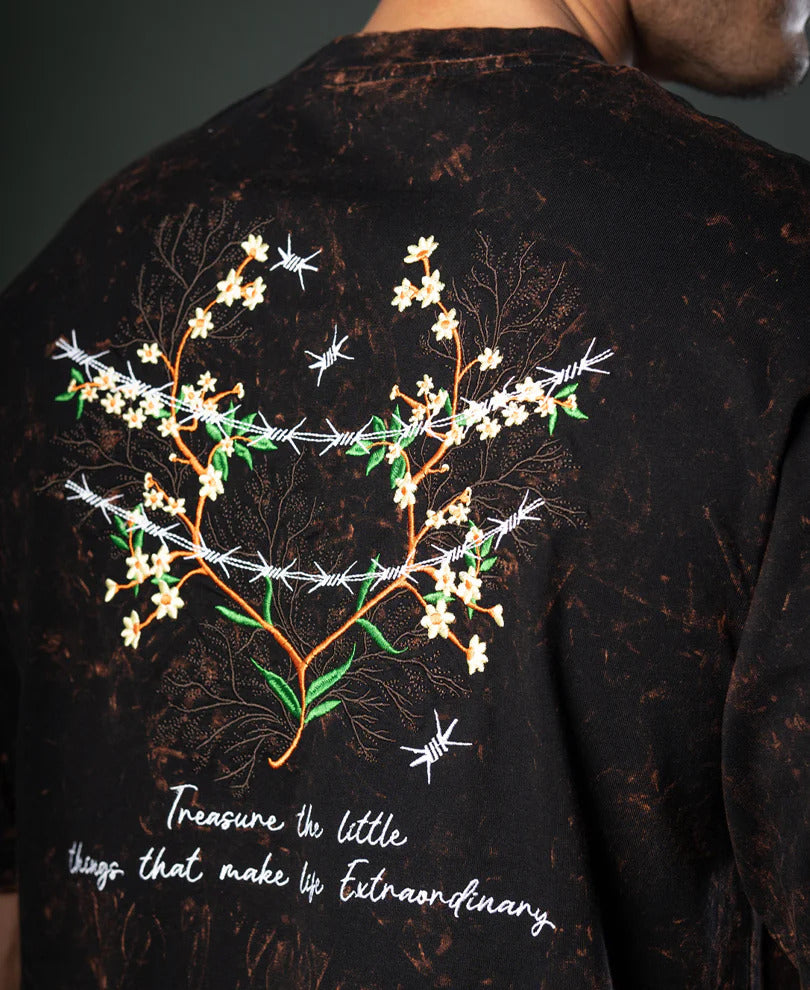Powerlook Dark Brown Floral Embroidery T-Shirt Cotton