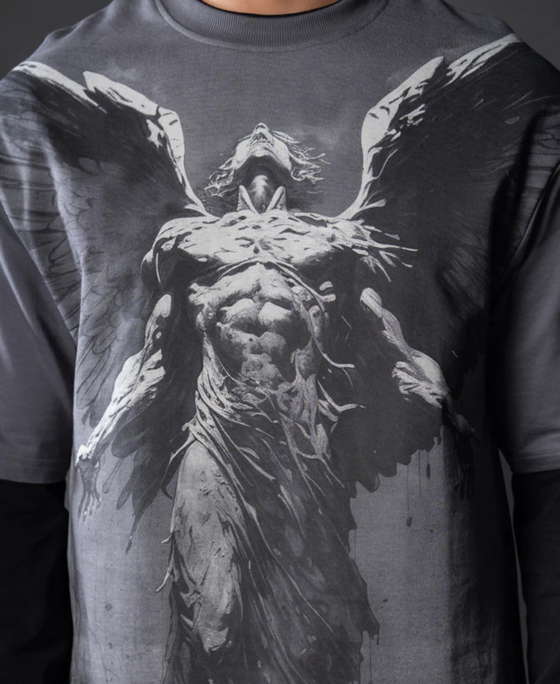 Powerlook Grey Angel Grunge T-Shirt Cotton