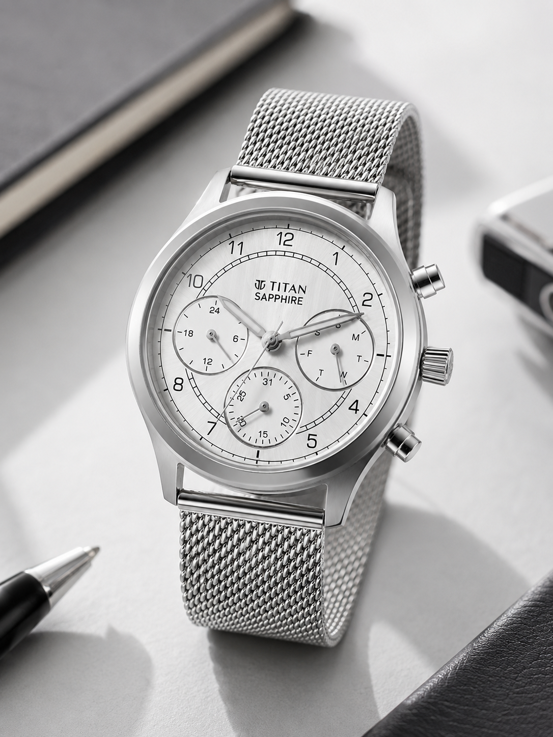 Titan Round White Dial Multifunction Watch With Silver Strap - 1874SM01