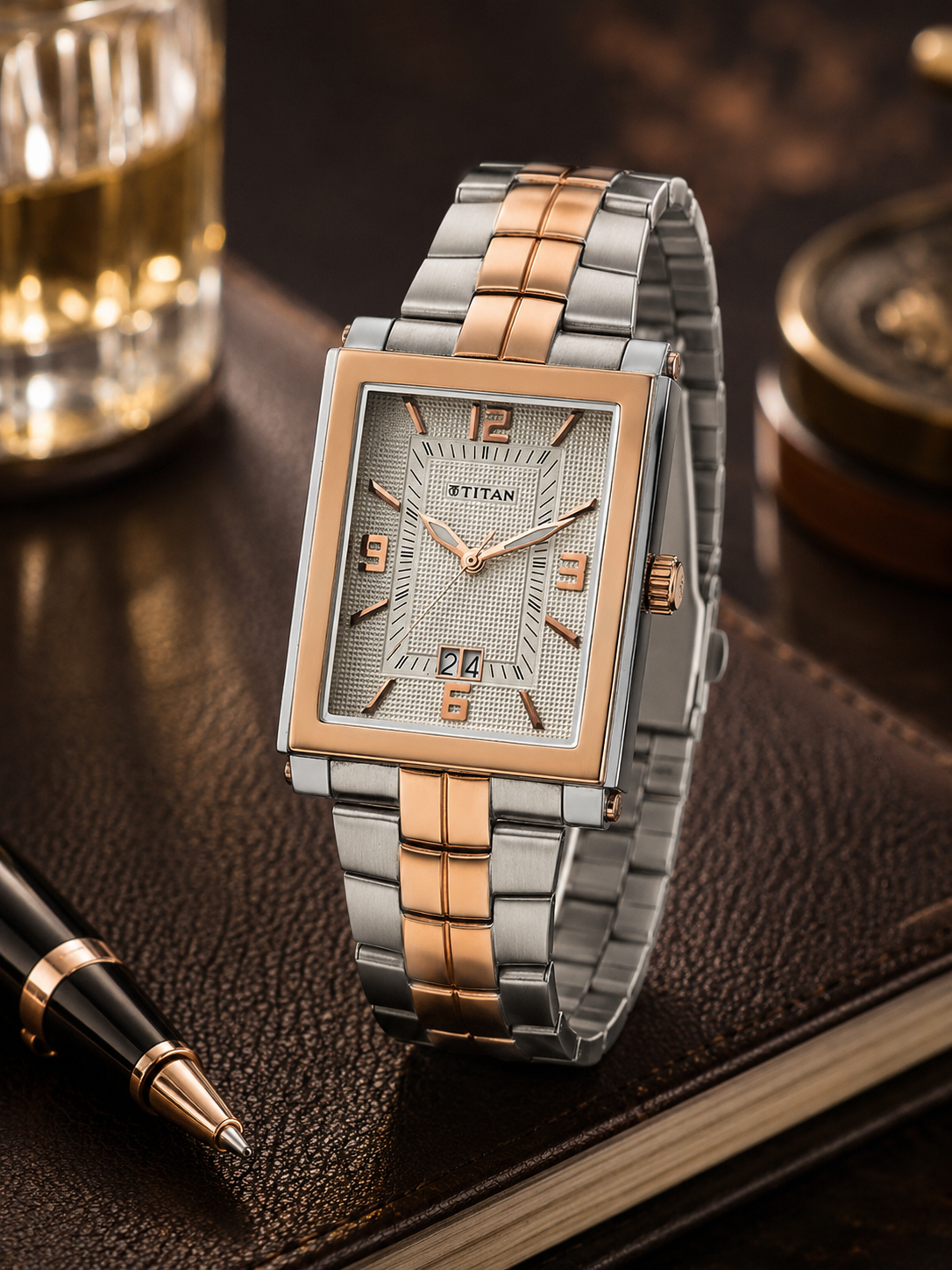 Titan Rectangle Silver Dial Analog Watch With Date Display & Metal Strap - 9327KM03