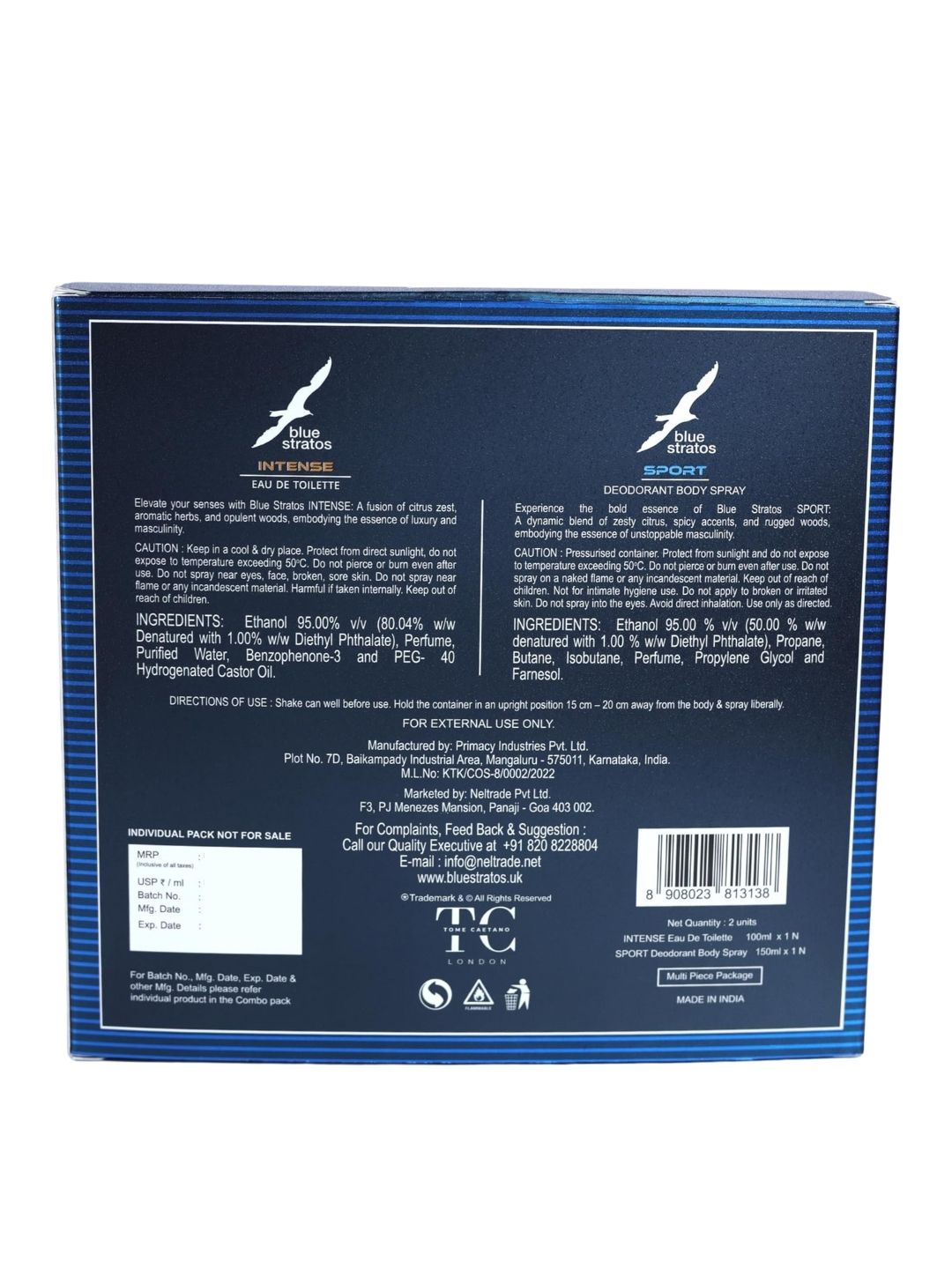 Blue Stratos Intense Eau de Toilette with Free Deo (100ml)