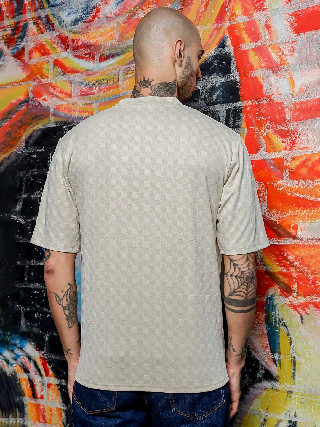 House Of Koala White Textured Round Neck Oversized T-Shirt