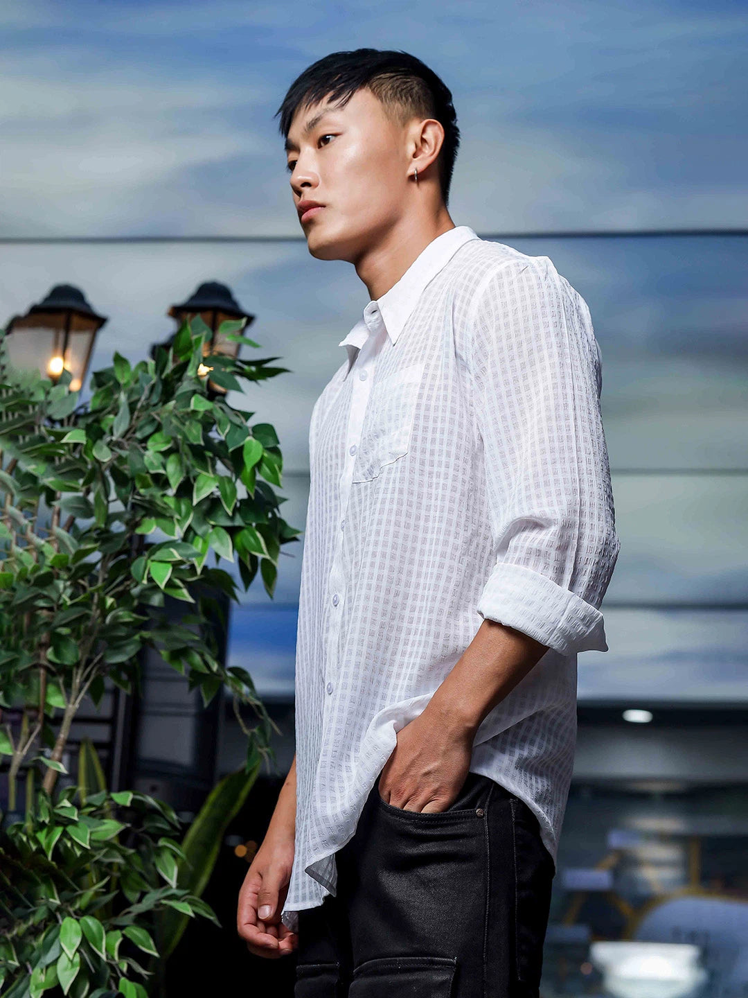House Of Koala White Classic Semi Sheer Georgette Relaxed Fit Shirt