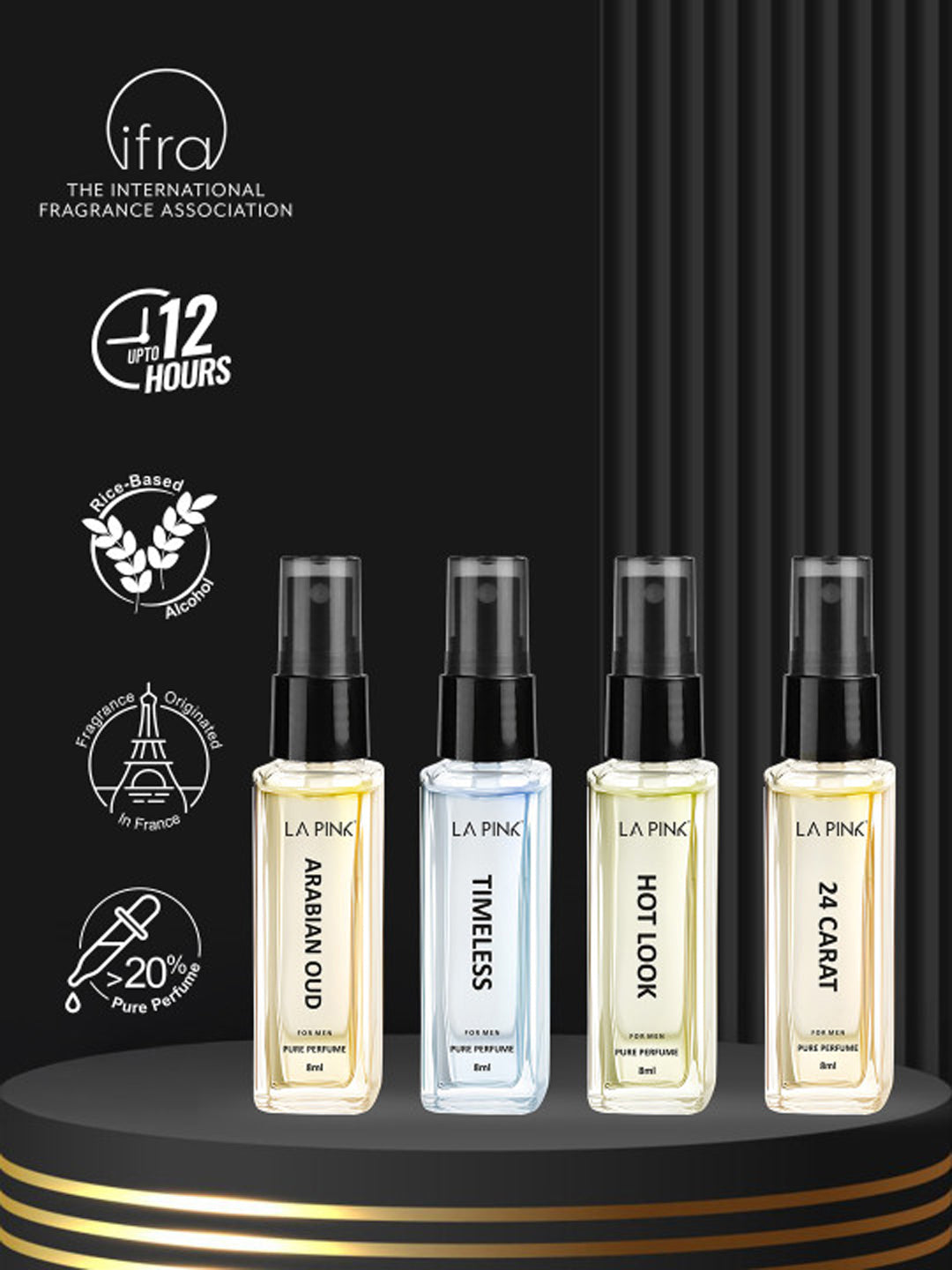 LA PINK Luxury Collection Gift Set for Men Arabian Oud, Hot Look, Timeless & 24 Carat (8ml x 4)