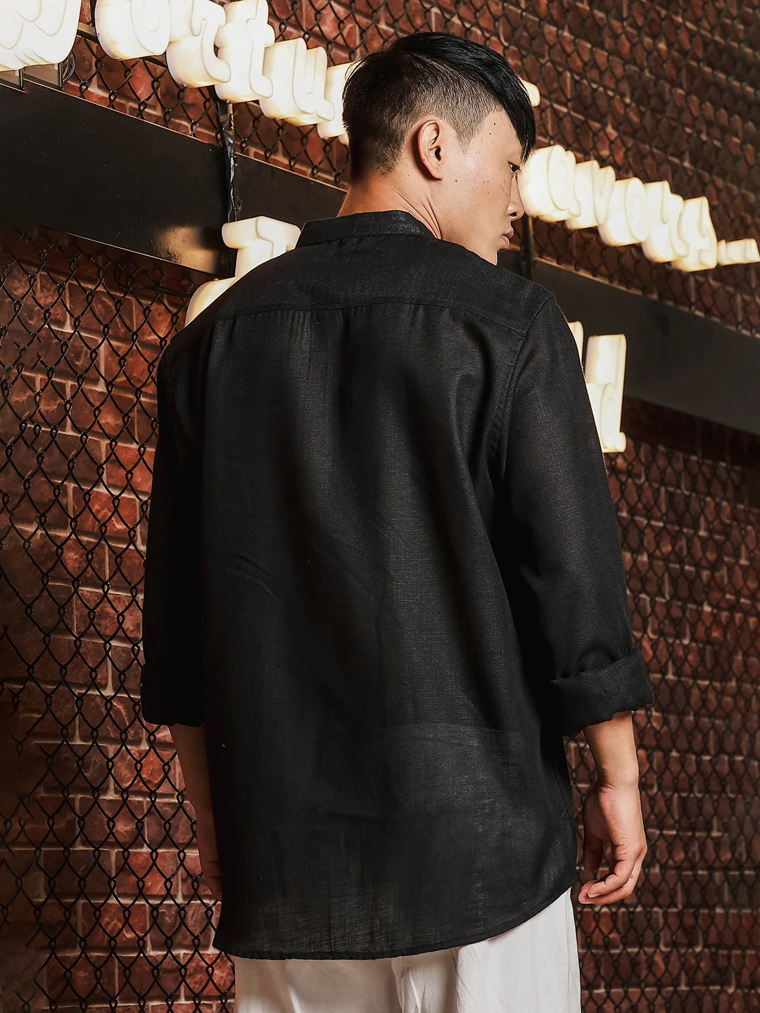 House Of Koala Black Linen Blend Mandarin Collar Relaxed Fit Shirt with Applique Pocket