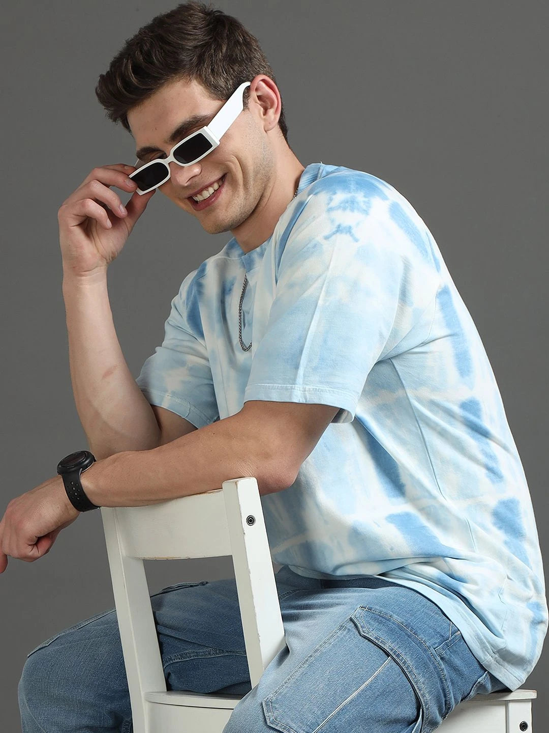 Silisoul Blue Oversized Fit Abstract Print Pure Cotton T-Shirt