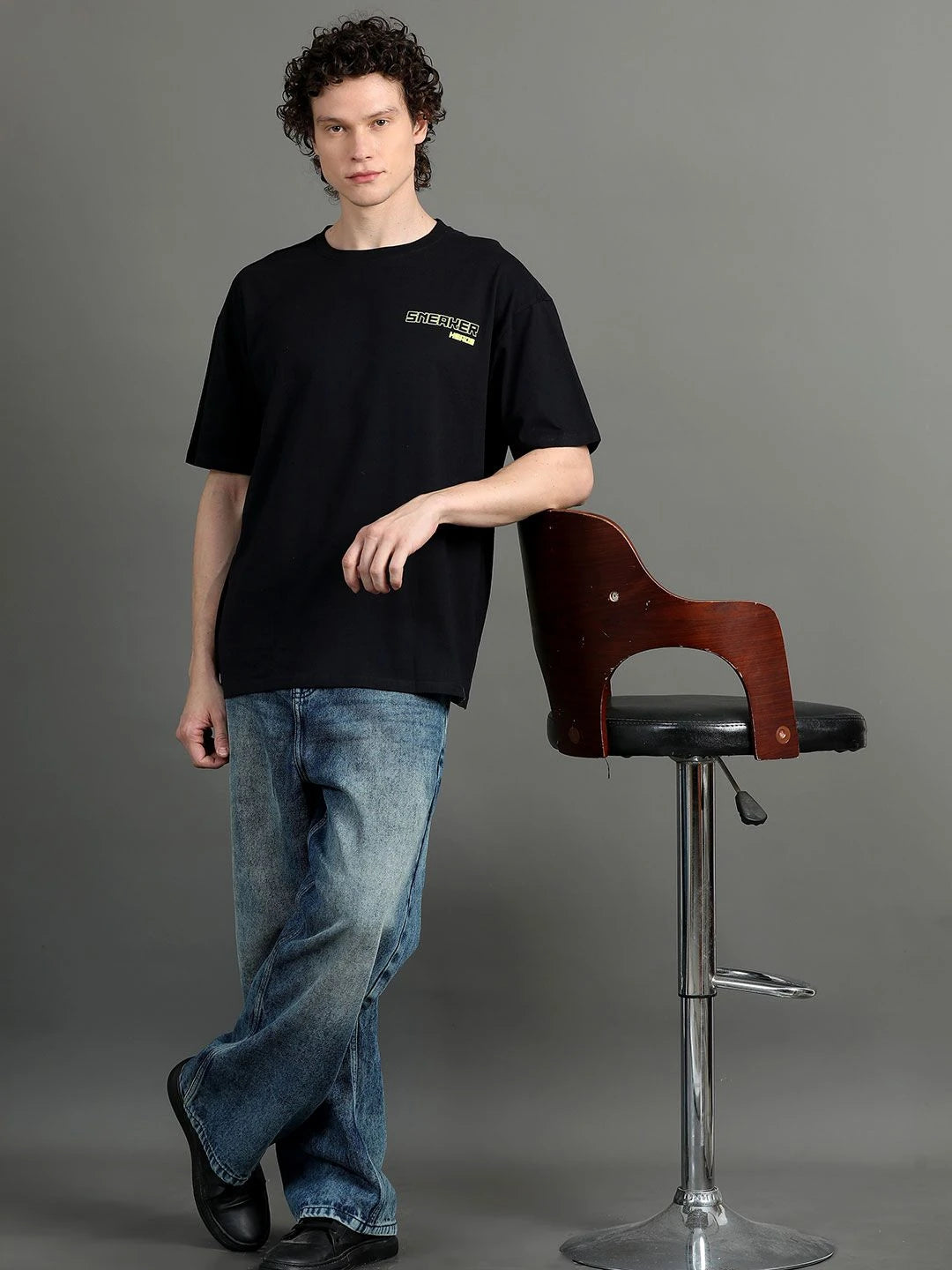 Silisoul Black Oversized Fit Typography Print Cotton T-Shirt