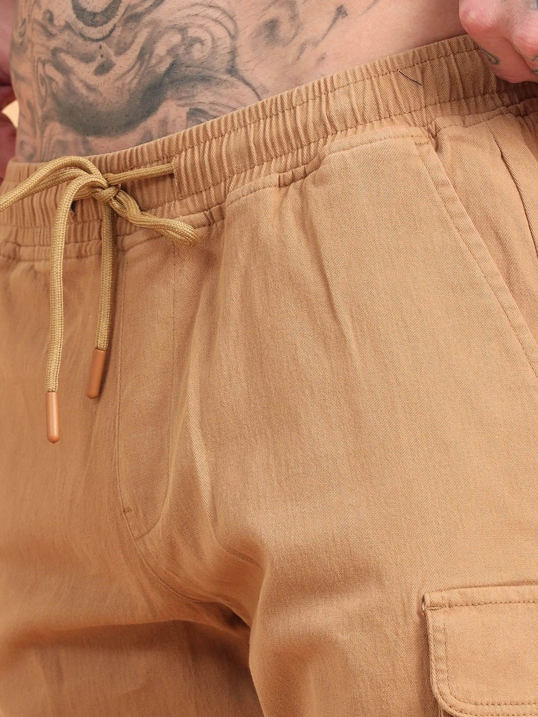 Silisoul Khaki Regular Fit Cotton Mid-Rise Drawstring Trousers