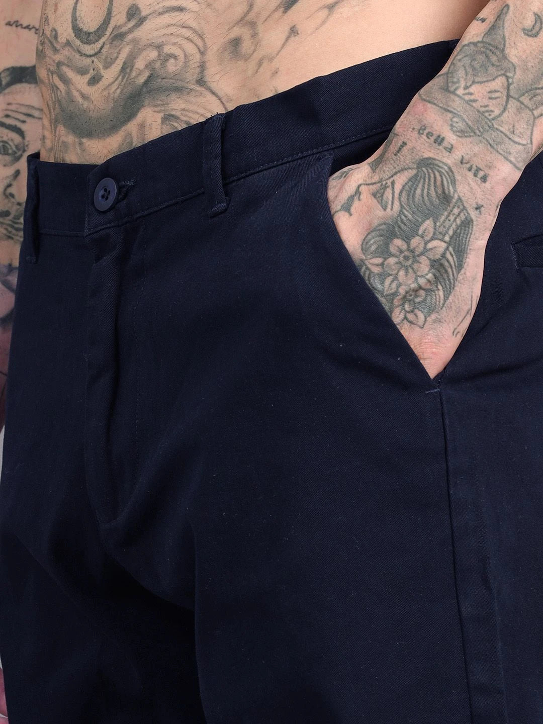 Silisoul Navy Blue Regular Fit Cotton Mid-Rise Trousers