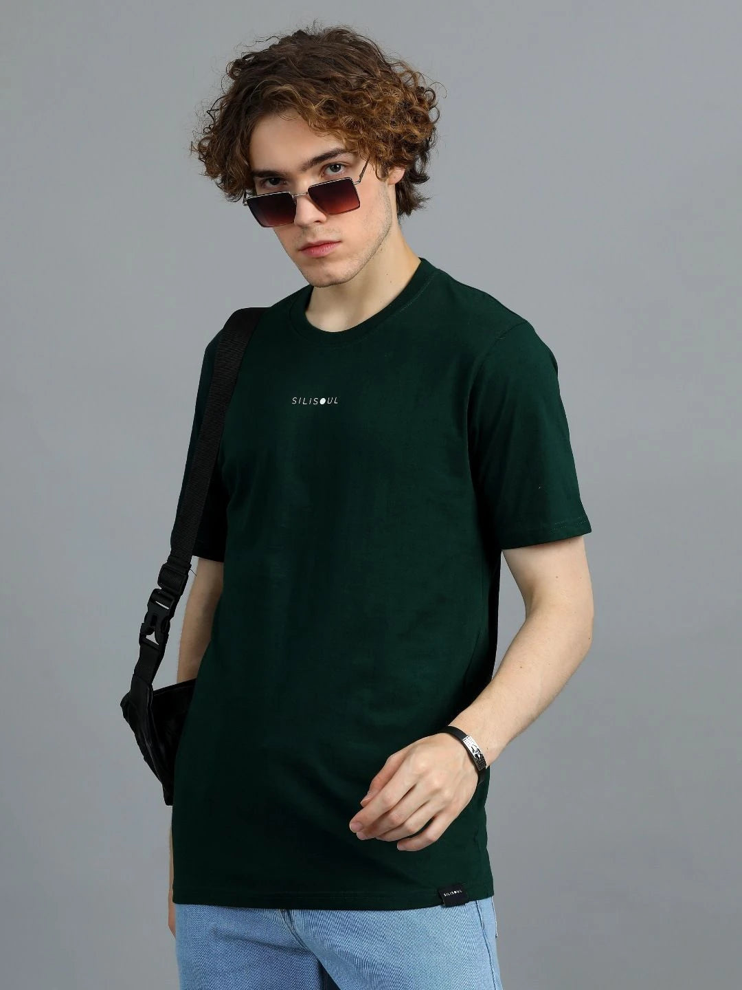 Silisoul Olive Regular Fit Brand Logo Print Cotton T-Shirt