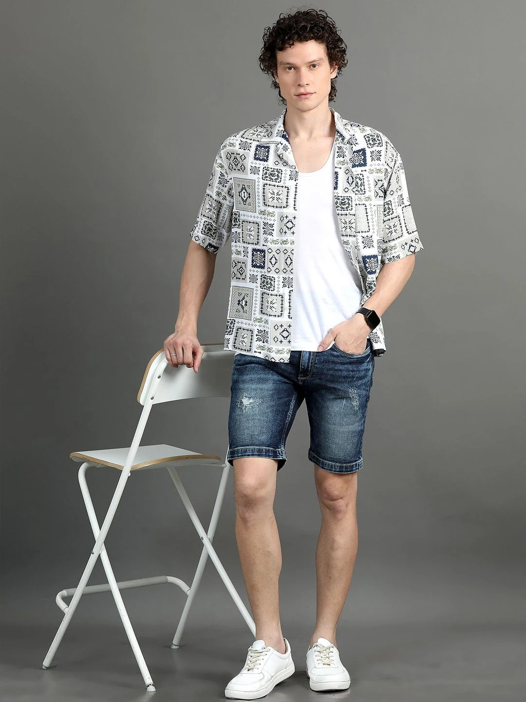 Silisoul White Oversized Fit Abstract Print Viscose Rayon Shirt