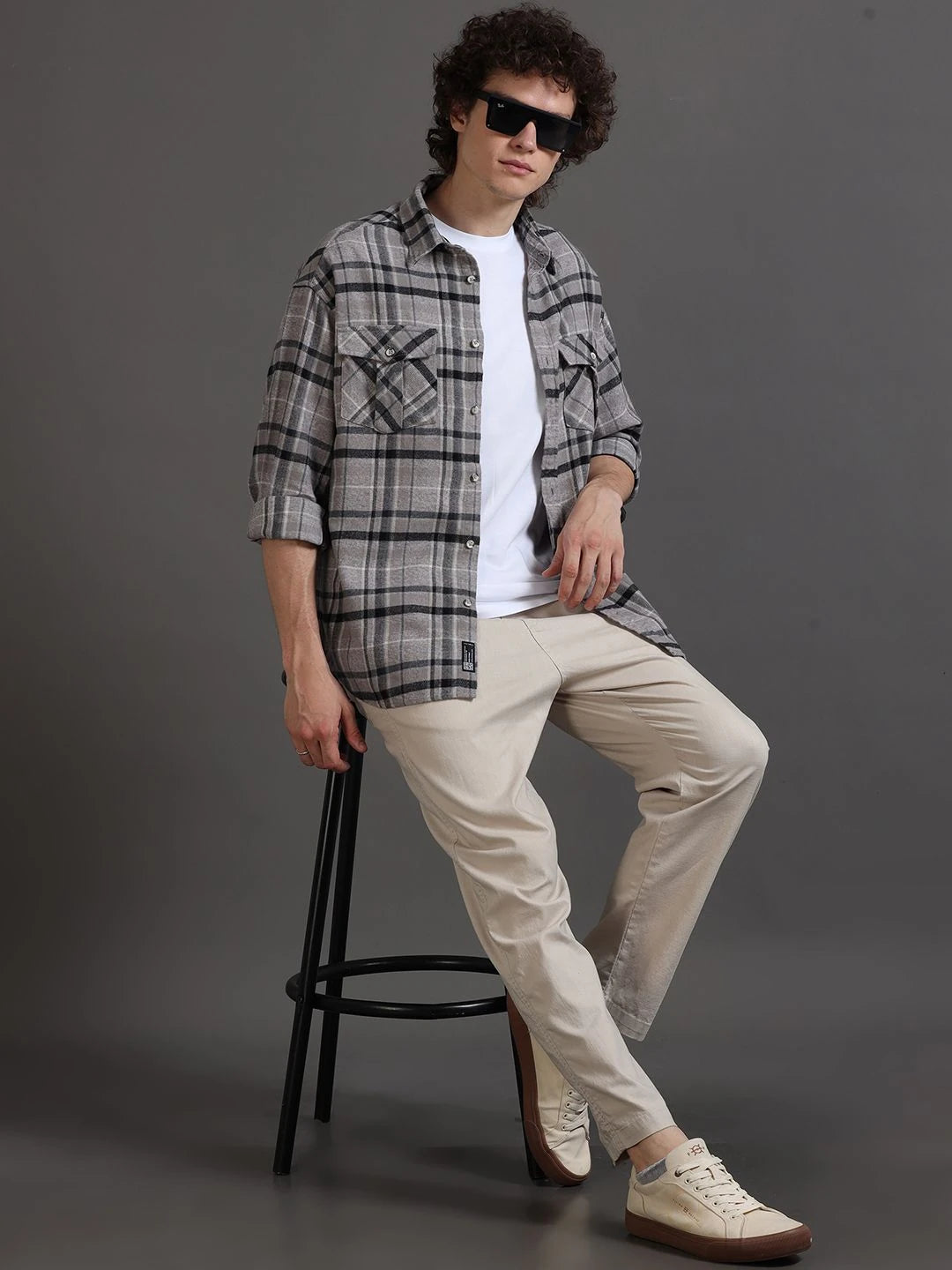Silisoul Grey Oversized Fit Tartan Checks Print Cotton Shirt