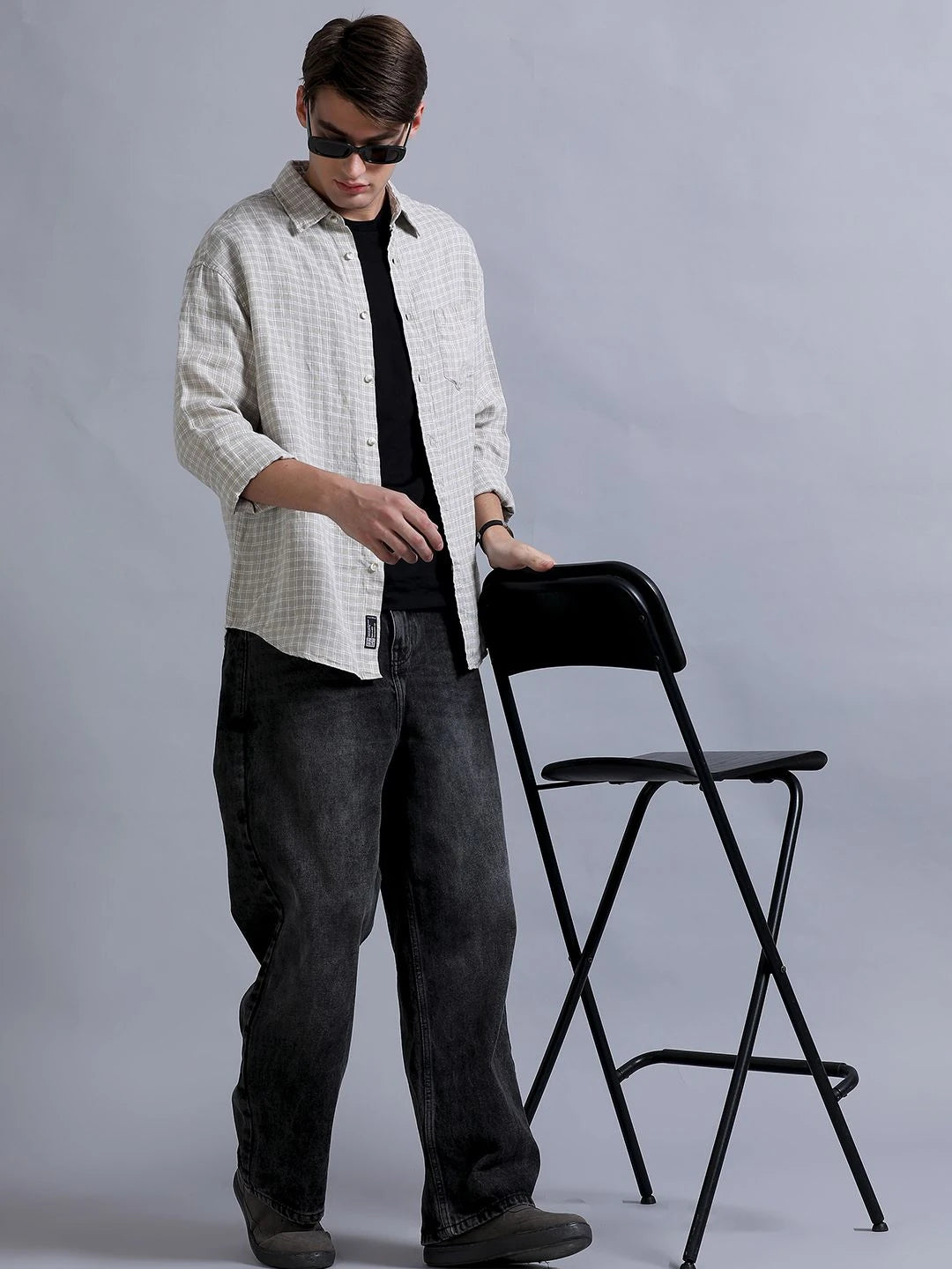 Silisoul Beige Relaxed Fit Geometric Print Linen Blend Shirt