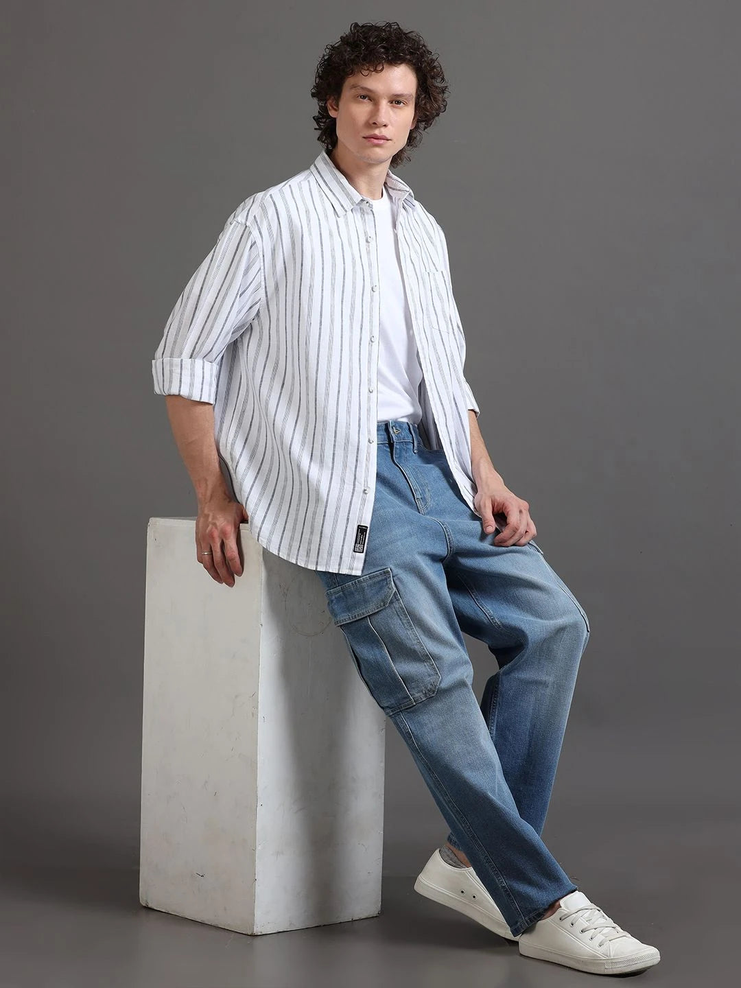Silisoul White Relaxed Fit Vertical Stripes Print Shirt