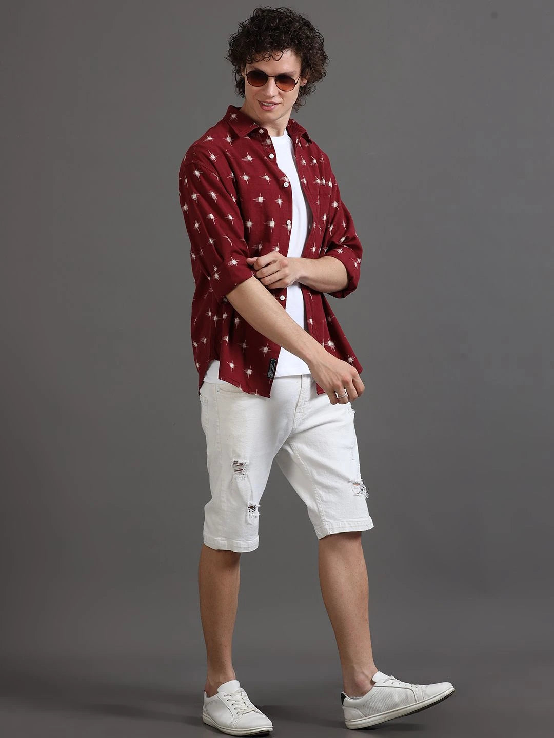 Silisoul Red Regular Fit Geometric Print Cotton Long Sleeves Shirt