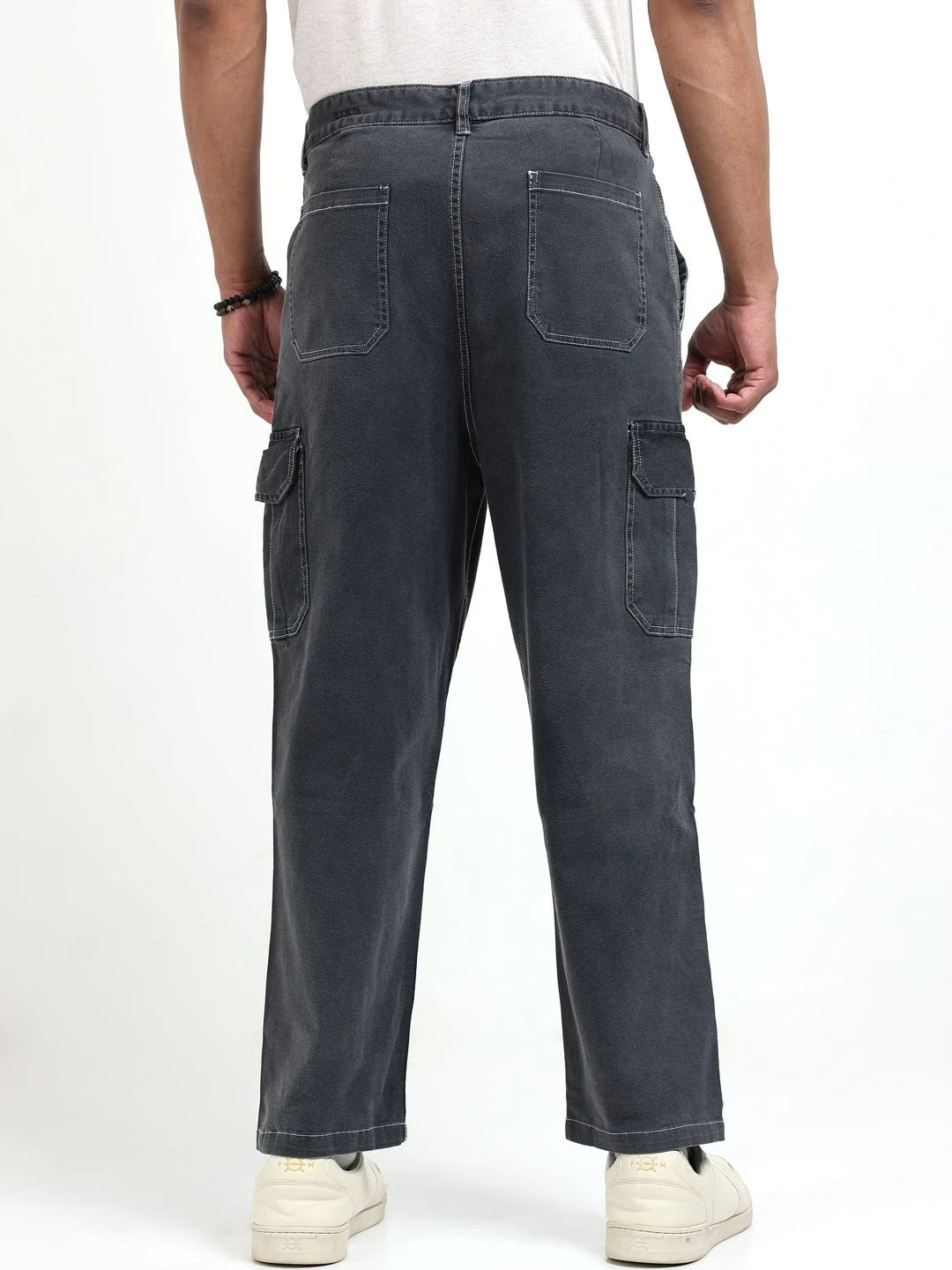 Silisoul Grey Baggy Fit Cotton Mid-Rise Zip Knitted Trousers
