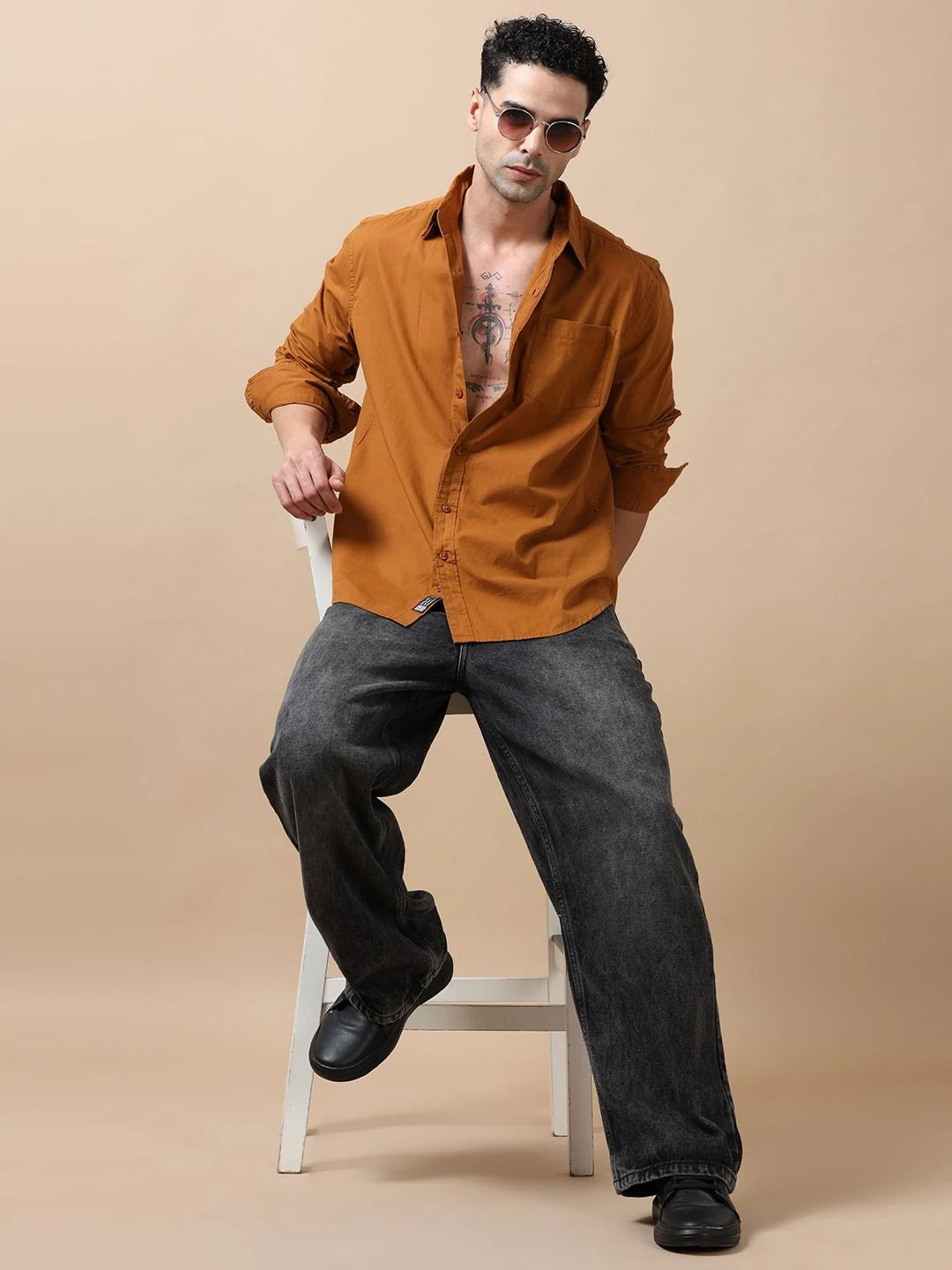 Silisoul Brown Regular Fit Cotton Long Sleeves Spread Collar Shirt