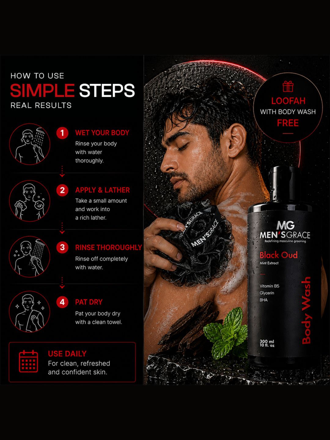 Men's Grace Black Oud Body Wash with Loofah (300ml)