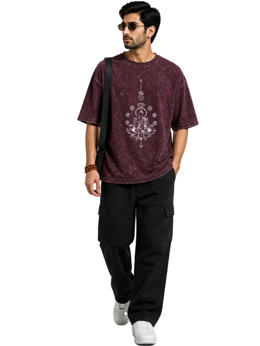 Arya Maroon Oversized Meditating Buddha Print Half Sleeve Cotton T-Shirt