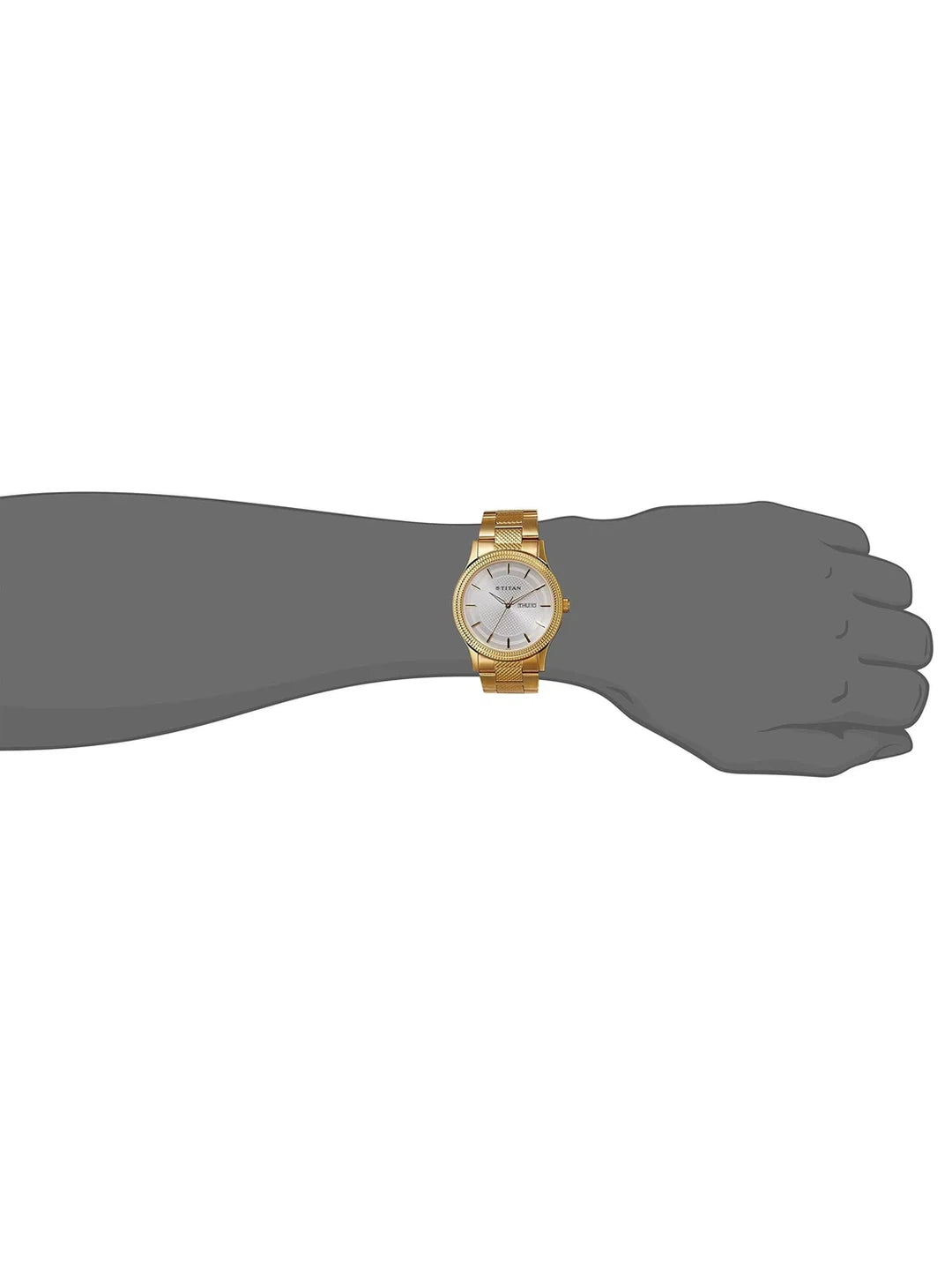 Titan Round Silver Dial Analog Watch With Day & Date Display & Golden Metal Strap - NL1650YM05