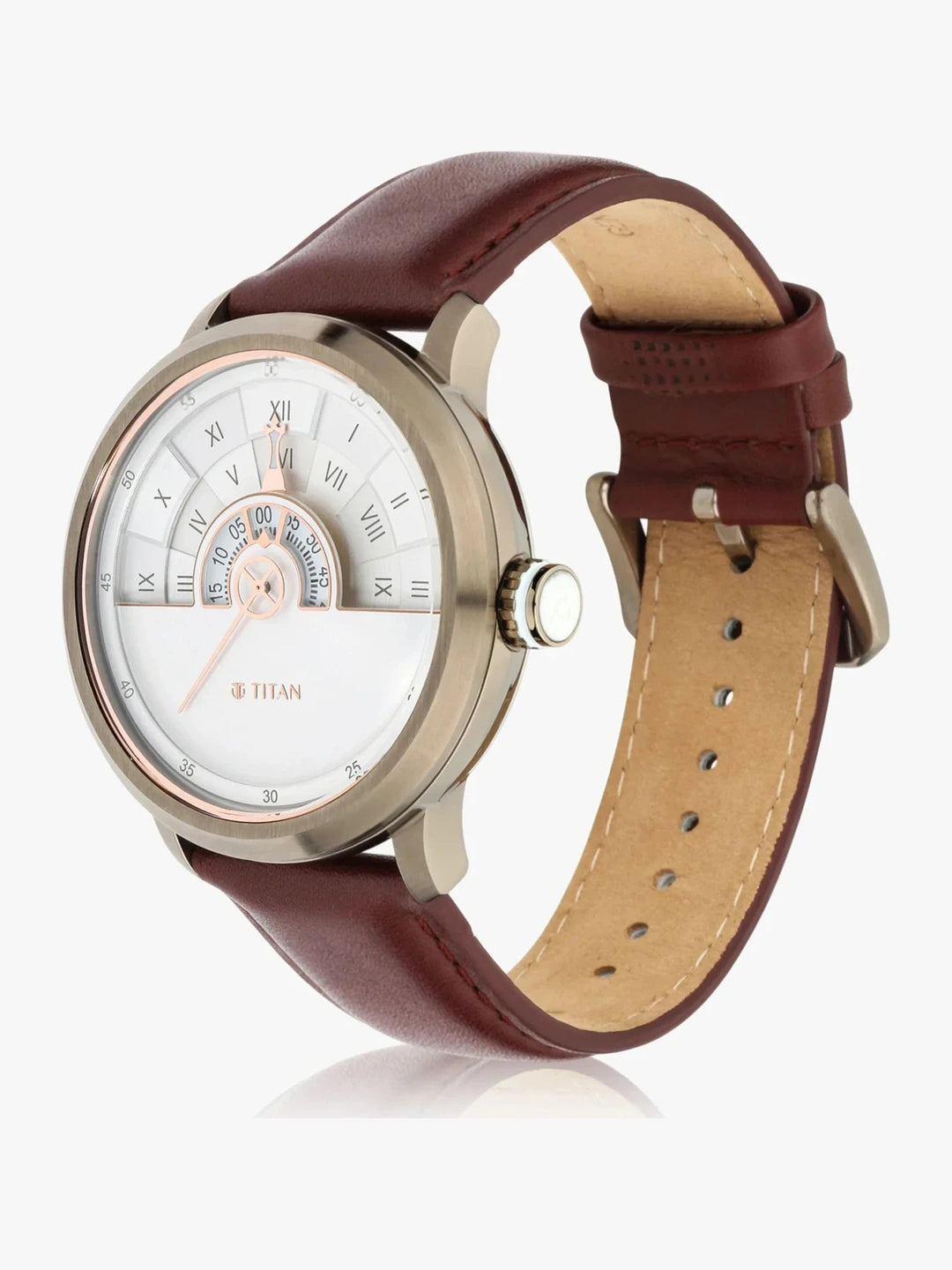 Titan Round White Dial Analog Watch With Brown Leather Strap - NQ1828QL02