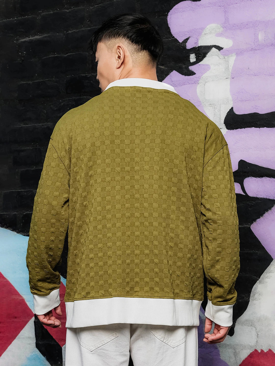 House Of Koala Olive Textured & Self Design V-Neck Knitted Cardigan