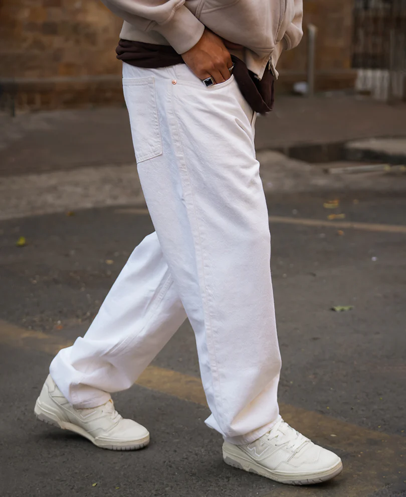 Powerlook White Solid Denim Baggy Fit Jeans