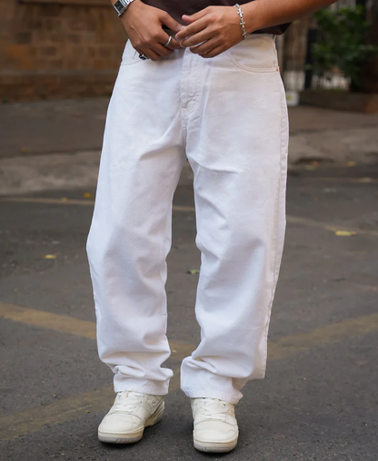 Powerlook White Denim Solid Baggy Fit Jeans