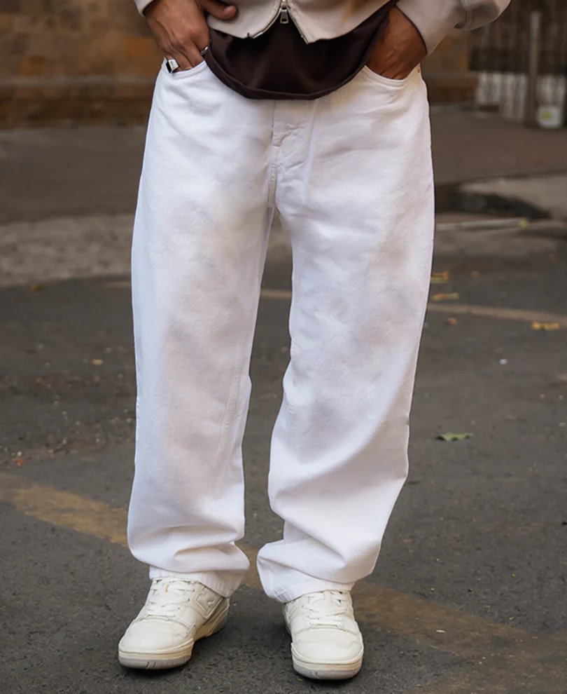 Powerlook White Denim Solid Baggy Fit Jeans