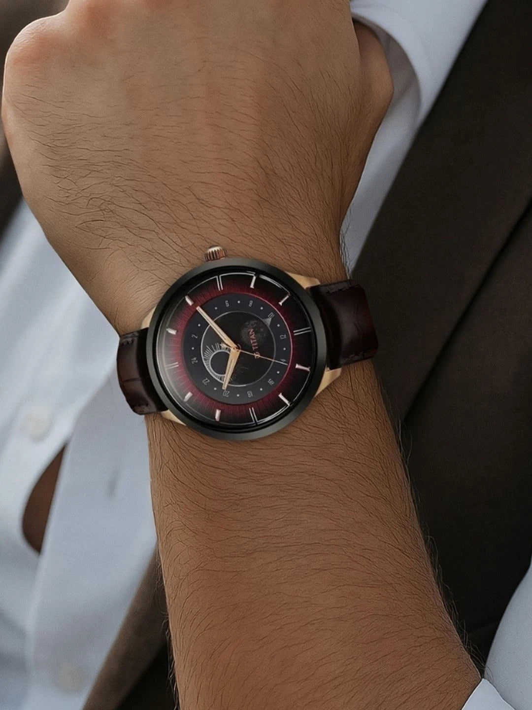 Titan Dial & Leather Strap Analogue Watch - 10028KL01