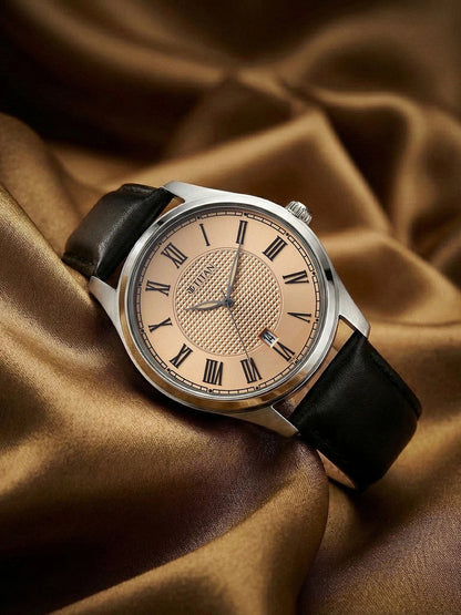 Titan Dial & Leather Strap Analogue Date Aperture Watch -  10063SL01