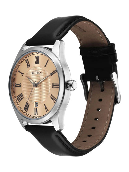 Titan Dial & Leather Strap Analogue Date Aperture Watch -  10063SL01