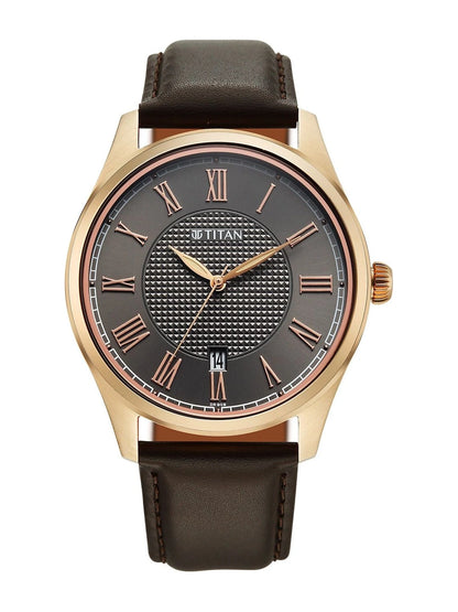 Titan Dial & Leather Strap Analogue Date Aperture Watch - 10063WL01