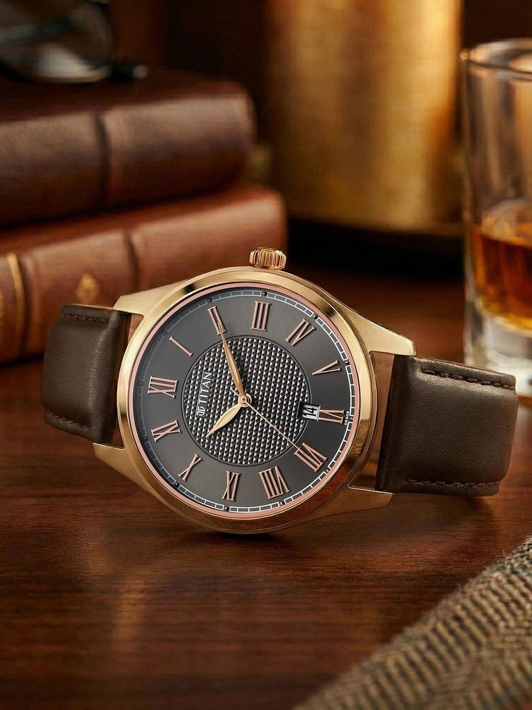 Titan Dial & Leather Strap Analogue Date Aperture Watch - 10063WL01