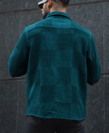 Powerlook Teal Blue Waffle Structure Regular Fit Full Sleeves Shirt