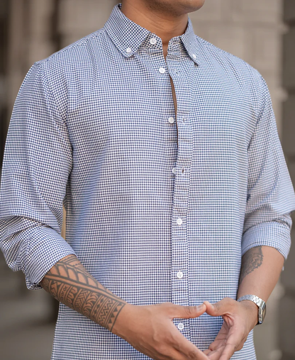 Powerlook Navy Micro Check Lightweight Shirt  Cotton