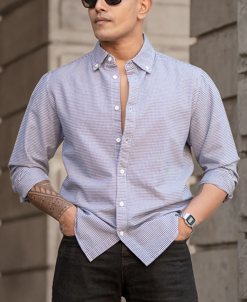 Powerlook Navy Micro Check Lightweight Cotton Shirt
