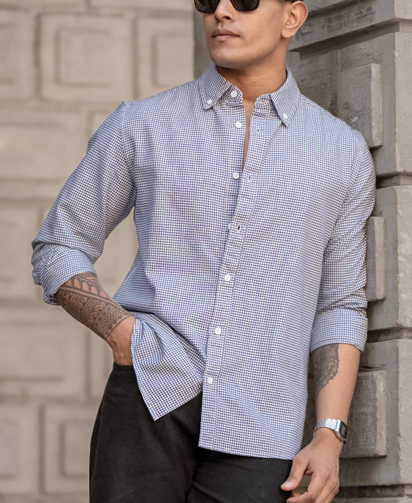 Powerlook Navy Micro Check Lightweight Shirt  Cotton