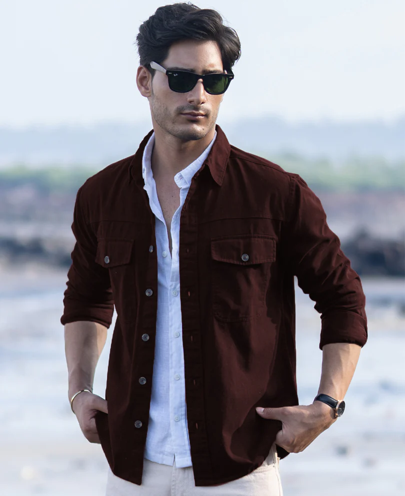 Powerlook Wine Structured Overshirt With Pockets  Cotton
