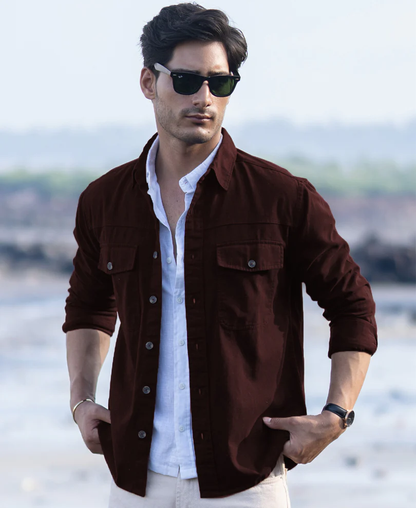 Powerlook Wine Structured Cotton Overshirt with Pockets