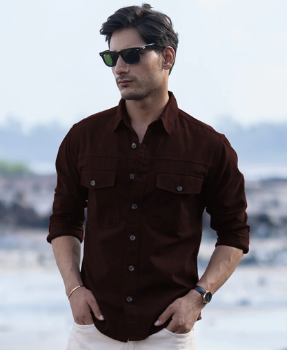 Powerlook Wine Structured Overshirt With Pockets  Cotton