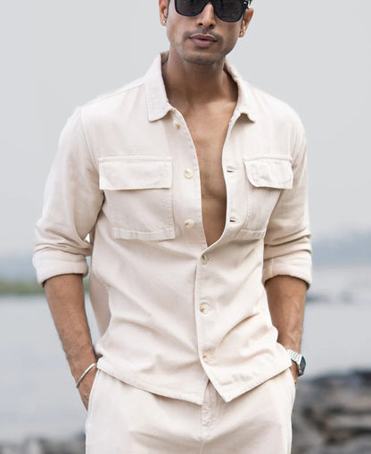 Powerlook Beige Denim Overshirt  Cotton