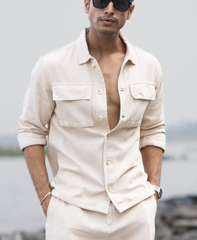Powerlook Beige Cotton Denim Overshirt