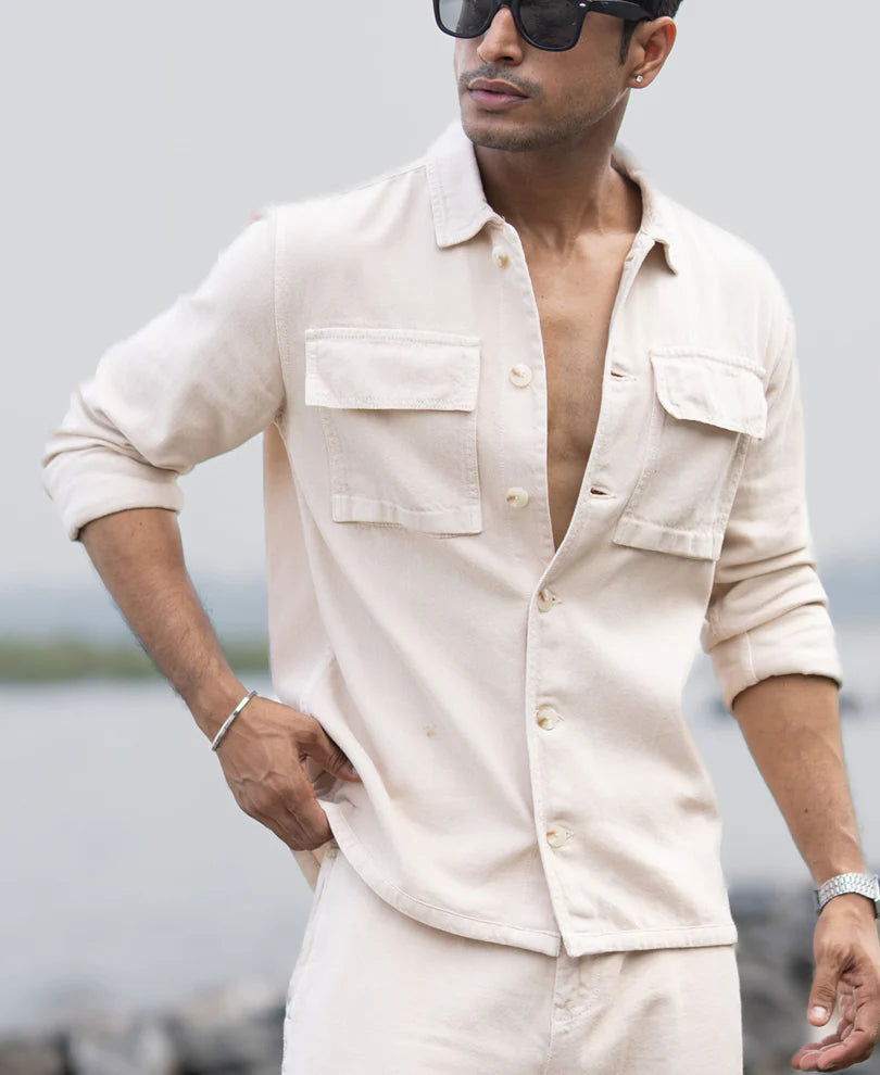 Powerlook Beige Denim Overshirt  Cotton