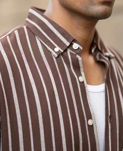 Powerlook Brown Linen Blend Stripe Shirt